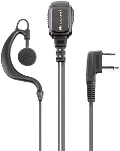 Midland - MA21-L PRO Microfon mono cu casca pentru securitate, airsoft si utilizare in exterior - Cablu de microfon spiralat, comutator VOX/PTT, conector L cu 2 pini compatibil cu walkie-talkie-urile G7, G9, XT si XT PRO