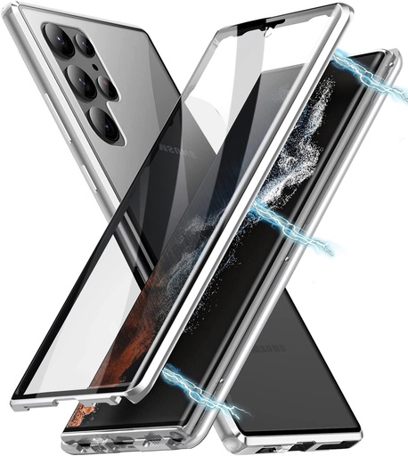 Husa pentru Samsung Galaxy S22 Ultra 5G, husa de protectie integrala, husa magnetica metalica pentru telefon, capac din sticla securizata frontala si spate cu rotire la 360 de grade, husa subtire si transparenta dintr-o singura bucata, argintie