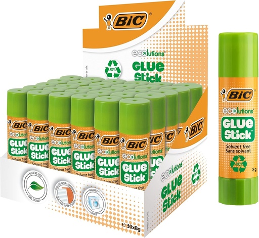 Lipici BIC Glue Stick ECOlutions, lipici potrivit pentru copii, usor lavabil, 8g fiecare, pachet de 30, ideal pentru scoala
