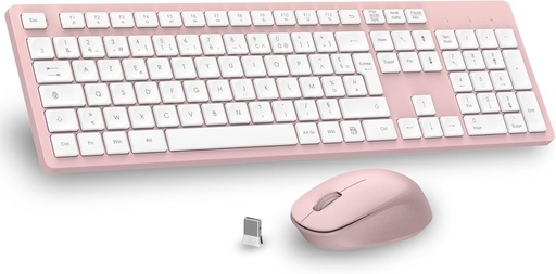 Set tastatura si mouse wireless LeadsaiL, tastatura franceza AZERTY ultra-subtire si silentioasa de dimensiuni normale, 2.4G, cu receptor USB pentru PC, laptop, Windows, Mac - roz