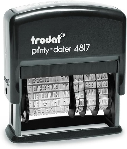 Stampila Trodat Printy 4817 cu banda text si data in negru, 12 texte de birou interschimbabile prin rotire, germana, inaltime font 3,8 mm, amprenta 47x4 mm, tampon de cerneala negru, autocernelibil