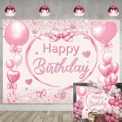 Fundal cu funda roz ,,La multi ani" - 2,1 x 1,5 m - Balon roz - Pentru fotografie - Decoratiune petrecere de ziua de nastere pentru fete