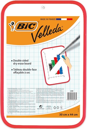 Tabla alba mica BIC Velleda, fata-verso, pentru scris, ideala pentru rechizite scolare si de birou, usor de sters, rama rosie, 30x44cm
