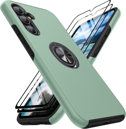 Carcasa AOUIA pentru Samsung Galaxy A34 5G cu 2 folii de protectie din sticla securizata, [suport incorporat la 360°] rezistenta la socuri, structura cu 3 straturi, pentru Samsung Galaxy A34 (TPU + PC, verde alpin)