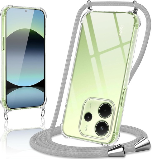 Husa de telefon Coiwxmoi cu curea pentru Xiaomi Redmi Note 14 4G, carcasa transparenta de 6,67" cu curea detasabila pentru gat, husa moale din silicon TPU rezistenta la socuri, gri