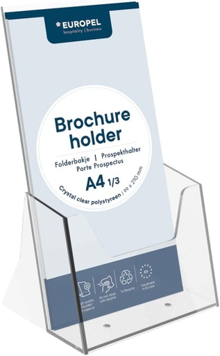 Suport pentru brosuri si documente EUROPEL, format 1/3 A4, constructie din plastic rezistent la impact, suport si dispensere pentru brosuri, pliante si meniuri pentru birou si receptie, format portret.