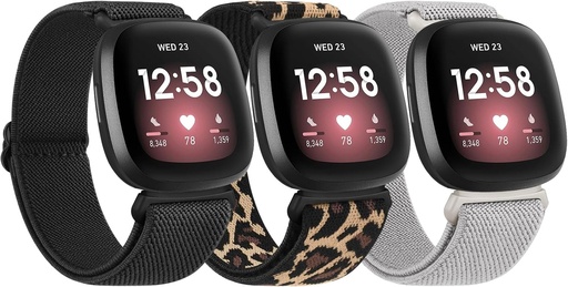 Bratara Tobfit, pachet de 3 buc., pentru Fitbit Versa 3/4, Sense/Sense 2 - curea de ceas elastica reglabila din nailon pentru barbati si femei (negru/leopard/verde)