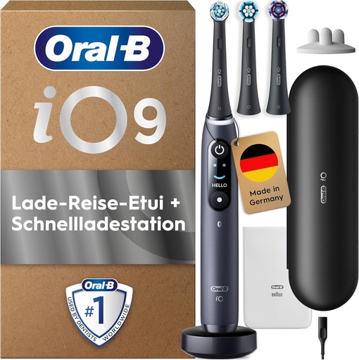 Periuta de dinti electrica Oral-B iO Series 9 Plus Edition, PLUS 3 capete de periuta, 7 moduri de curatare pentru ingrijire orala, husa de calatorie cu incarcare, proiectata de Braun, onix negru