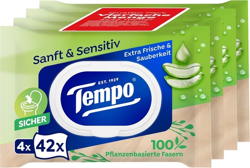 Servetele de toaleta Tempo Moist delicate si sensibile, 4 x 42 de servetele