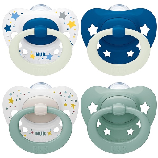 Suzeta NUK Signature Day & Night | 0-6 luni | Calmeaza 95% dintre bebelusi | Suzete din silicon, fara BPA, in forma de inima | Lumineaza in intuneric | Stele | Pachet de 4