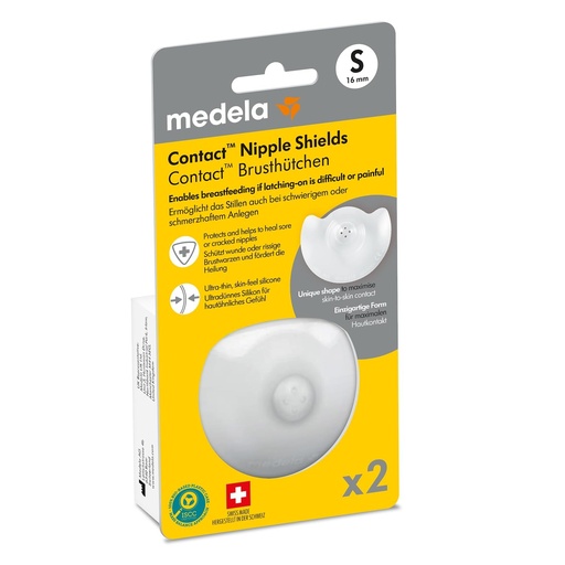 Scutece pentru alaptare Medela Contact - 16 mm - Pentru protectia mameloanelor dureroase sau crapate si pentru sustinerea atasarii - Fara BPA - Pachet de 2