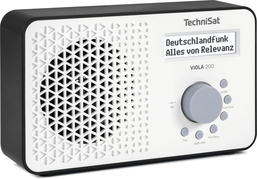 TechniSat Viola 200 - radio portabil DAB+/FM (cu afisaj LCD, antena telescopica, memorie favorite, mufa pentru casti, functionare de la retea si baterie, difuzor mono, RDS, PLL) alb/negru