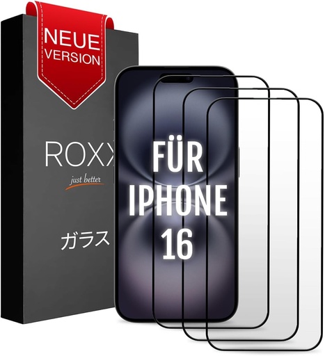 ROXX NEO Folie de protectie ecran din sticla securizata 3D 9H, stil japonez (3 buc.) | Nu acopera ecranul | Pentru iPhone 16 | Margini rotunjite | Mai rezistenta | Mai transparenta | Rezistenta la zgarieturi | Incasabila | Pentru sticla securizata