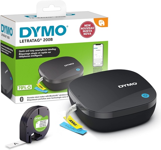 Imprimanta de etichete DYMO LetraTag 200B cu Bluetooth | Imprimanta de etichete compacta | Se conecteaza la iOS si Android prin tehnologie wireless Bluetooth | Include 1 x banda adeziva pentru etichete din hartie alba
