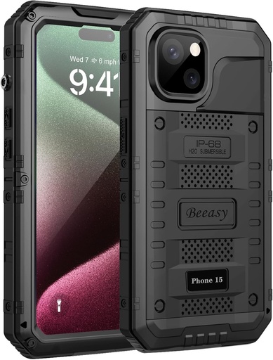 Carcasa rezistenta la socuri Beeasy pentru iPhone 15, carcasa impermeabila in stil militar, protectie completa la 360°, cu protector de ecran incorporat, carcasa robusta anti-praf din metal pentru iPhone 15, neagra