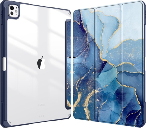 Husa hibrida Fintie pentru iPad Pro 13 inch (M4) 2024 cu suport pentru stilou - Husa de protectie rezistenta la socuri cu carcasa rigida transparenta pe spate, marmura oceanica