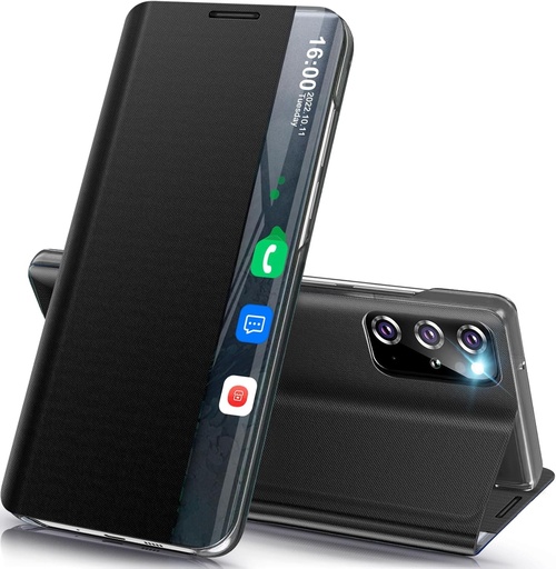 Husa de telefon Qissy pentru Samsung Galaxy S20 Plus, carcasa subtire de lux Clear View cu suport, carcasa de protectie din piele rezistenta la socuri si PC, neagra