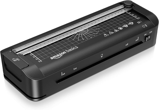 Laminator termic 3 in 1 Amazon Basics pentru format A4, cu functii de taiere, perforare si rotunjire a colturilor, incl. 10 mansoane, priza UE, negru