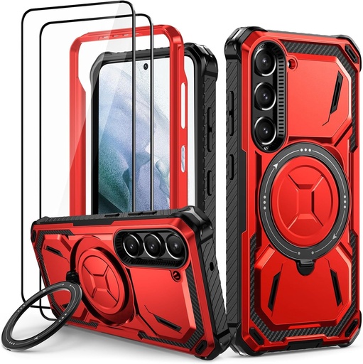 Husa Lanhiem pentru Samsung S21 5G cu 2 protectii de ecran din sticla securizata, husa de protectie rezistenta la socuri in stil militar, suport cu inel ranforsat, husa blindata pentru Samsung Galaxy S21, rosie