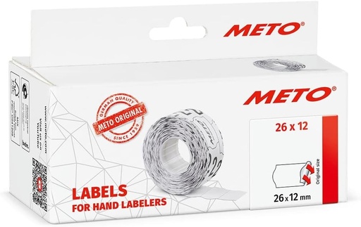 Etichete originale Meto pentru marcarea preturilor (26x12 mm, 1 rand, 6.000 bucati, albe, permanente, etichete de pret pentru Meto, Hutner, Avery, Contact, Sato, Tovel etc.), 9506163