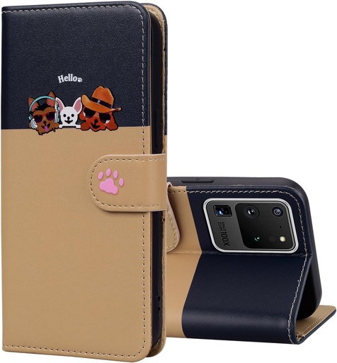 Husa de protectie Nbziyoo pentru Samsung Galaxy S20 Ultra 5G, model cu desene animate de pisica/caine, husa cu clapa si sloturi pentru carduri, piele magnetica premium din PU pentru Samsung Galaxy S20 Ultra 5G, kaki