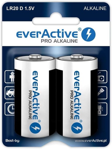 Baterii alcaline Everactive Pro Alkaline D LR20, multicolore, pachet de 2