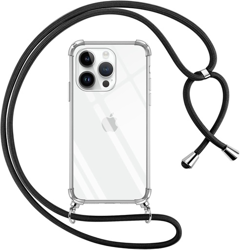 Husa Pnakqil pentru iPhone 15 Pro cu snur, husa transparenta cu curea de gat, colier de protectie pentru iPhone 15 Pro, neagra