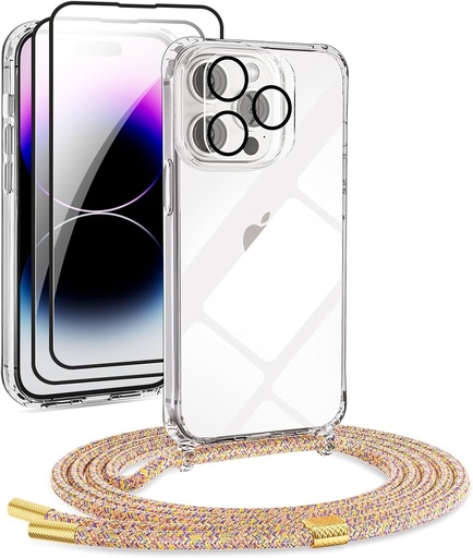 DiDaDi [Set de colier 5 in 1 pentru iPhone 14 Pro Max, husa cu curele + husa de protectie transparenta + 2 folii de protectie pentru ecran + sticla de protectie pentru camera, husa de protectie cu snur (curcubeu)]