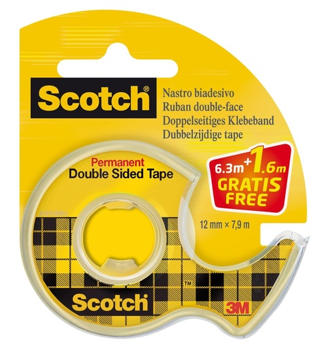 Banda dublu adeziva Scotch - 1 rola 12,7 mm x 7,89 m cu dozator manual (25% GRATUIT) - Ideala pentru birou si scoala