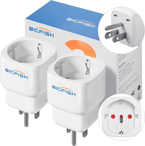 Adaptor Bigfish, pachet de 2 prize, tip B, alb, 100-250V, 13A, 3250W, UE catre America/Canada/Thailanda/Mexic, adaptor de calatorie cu 2 prize, materiale de inalta calitate, compact si portabil