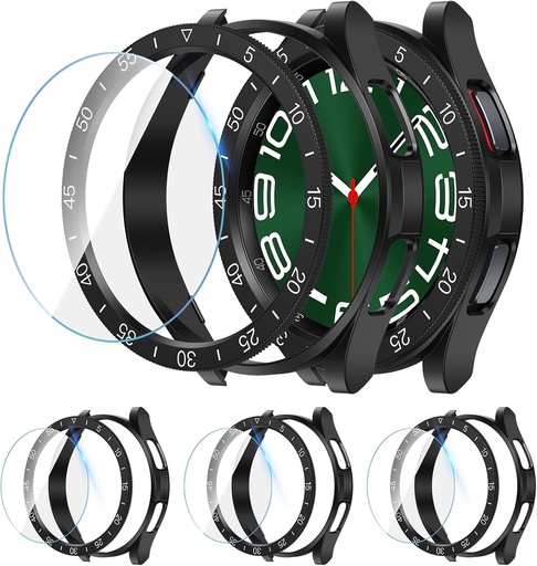 [3+3 Bucati] Husa Kamita 3 in 3 pentru Samsung Galaxy Watch 6 Classic 43mm, 3 Protectii Ecran din Sticla Securizata + 3 Carcase Bumper PC + 3 Inele de Capac pentru Galaxy Watch6 Classic (Negru+Albastru+Argintiu)