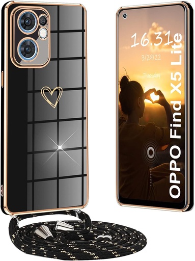 Husa Yutwo pentru Oppo Find X5 Lite cu snur si colier - Husa reglabila antisoc cu design inima - Husa cu snur, neagra